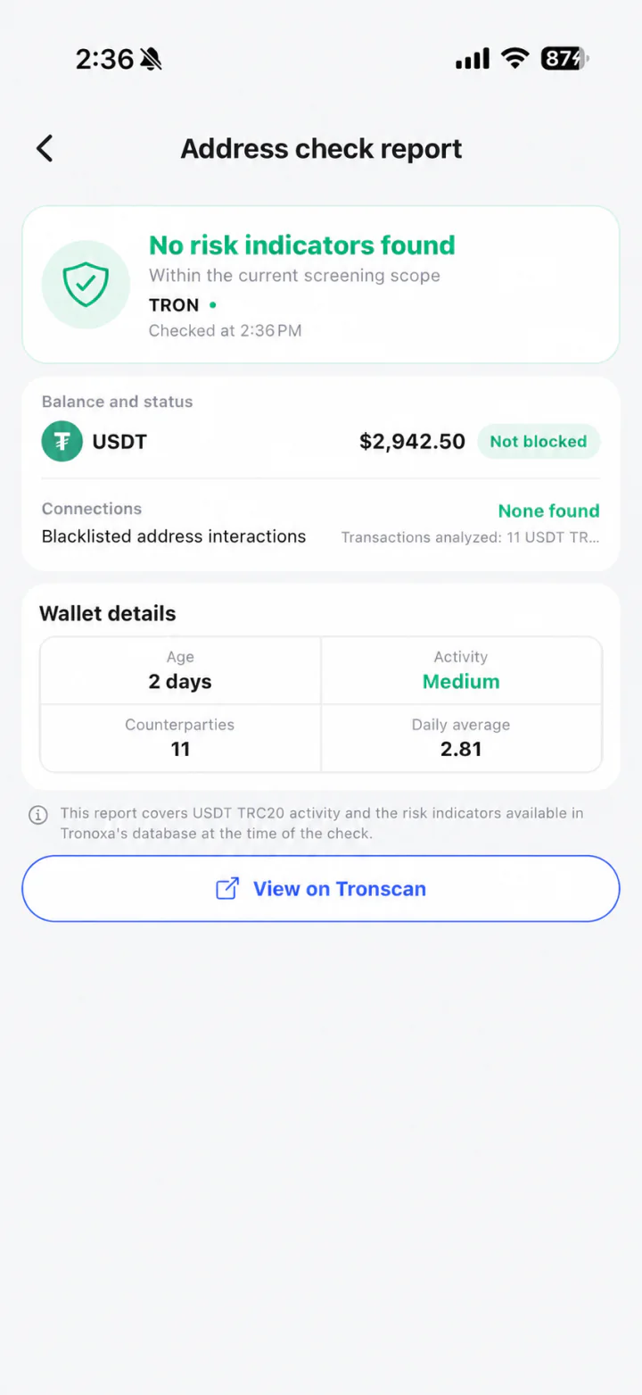 No risk indicators found Only wallet names and addresses are obscured for privacy.