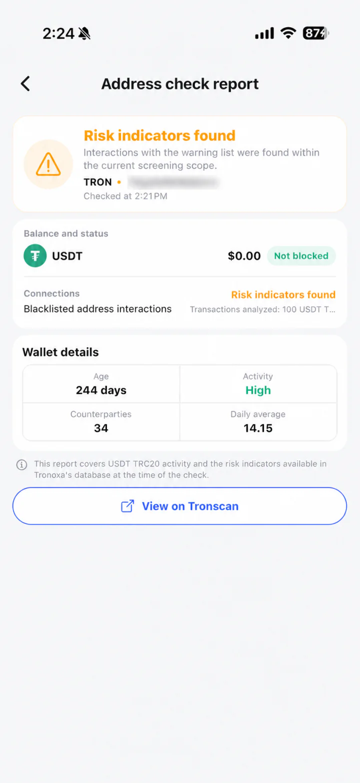 Risk indicators found Only wallet names and addresses are obscured for privacy.