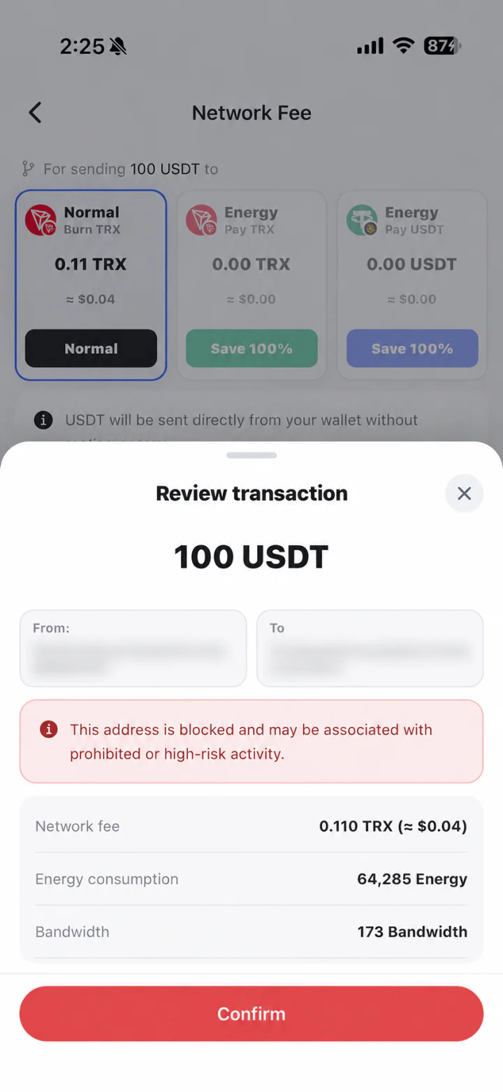 This address is blocked and may be associated with prohibited or high-risk activity. Only wallet names and addresses are obscured for privacy.