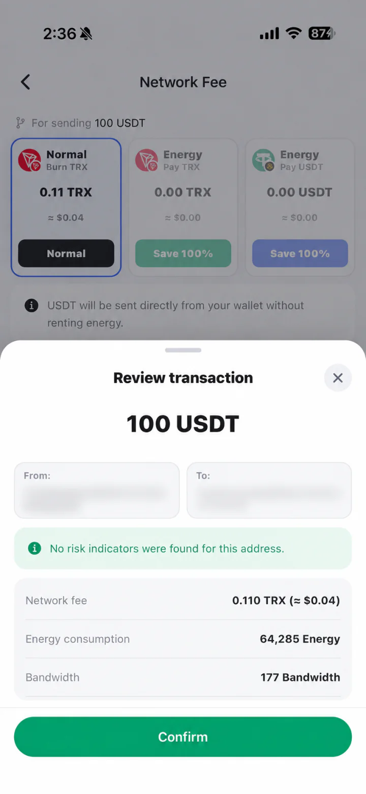 No risk indicators were found for this address. Only wallet names and addresses are obscured for privacy.
