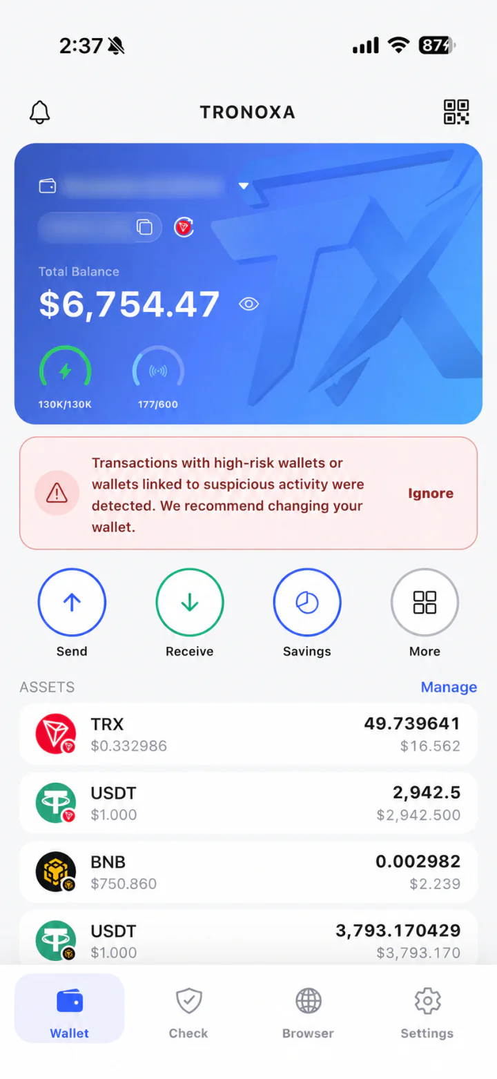 Transactions with high-risk wallets or wallets linked to suspicious activity were detected. Only wallet names and addresses are obscured for privacy.