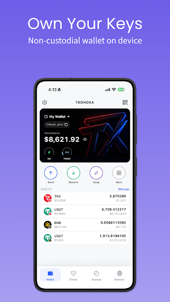 TRONOXA wallet dashboard showing balances and assets
